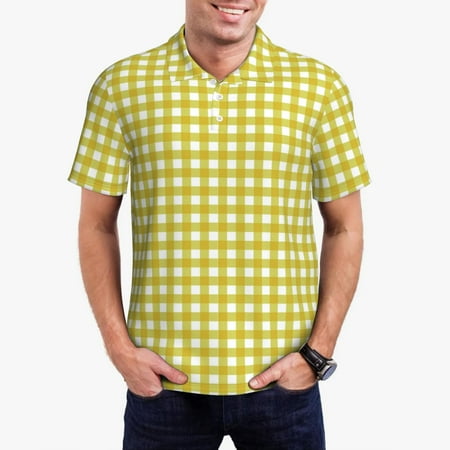 Uemuo Yellow Checkboard for Men’s Golf Shirt – Premium Pique Cotton Polo Soft & Breathable Casual Short Sleeve Shirt Comfortable Activewear for Sports & Leisure-X-Large