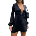 thumbnail image 1 of Fortune Women Backless A-Line Mini Dress Long Sleeve Solid Color Tie-up V Neck Dress, 1 of 10