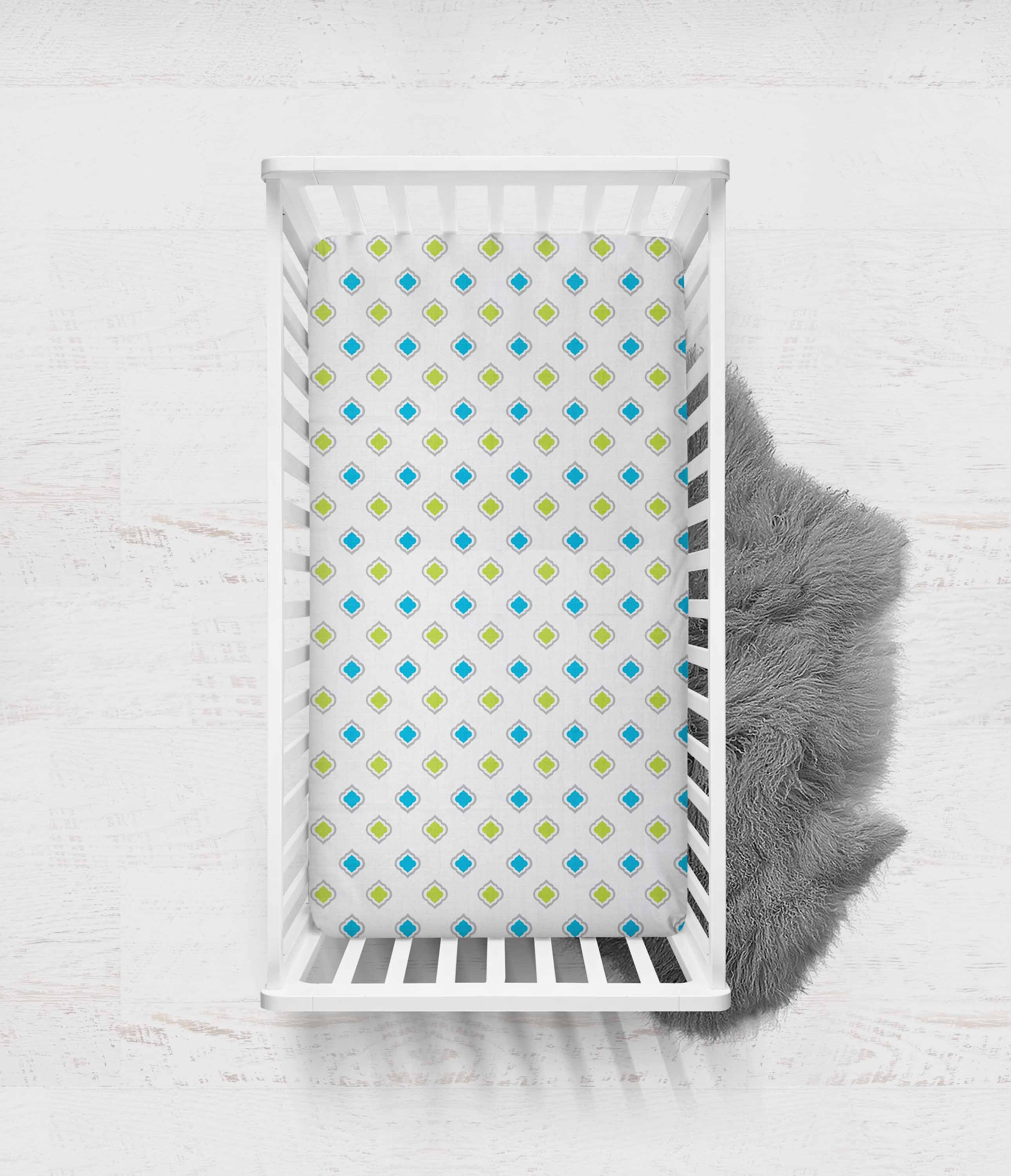 Bacati - Morocan Tiles Crib/Toddler Bed Fitted Sheets 100% Cotton Muslin 2 Pack, Aqua/Lime/Gray