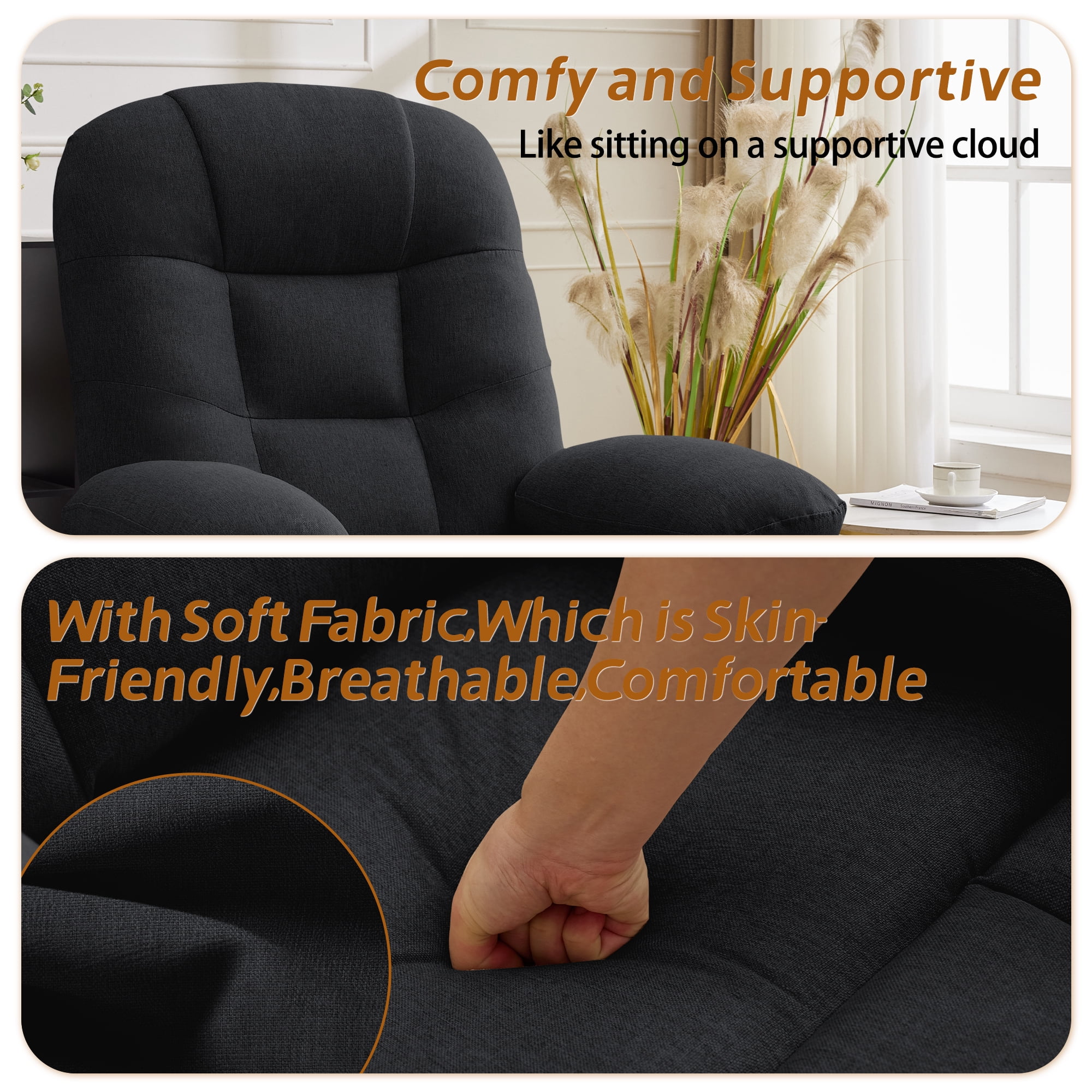 Korser Manual Swivel Rocker Recliner Chair for Living Room,Small Recliner Sofa for Small Spaces,Linen Fabric,Dark Black