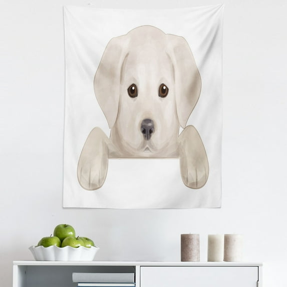 Cartoon Tapestry, Puppy Hiding with Its Little Paws Labrador Dog Illustration, Fabric Wall Hanging Decor for Bedroom Living Room Dorm, 5 Sizes, Dark Taupe Brown Tan, by Ambesonne