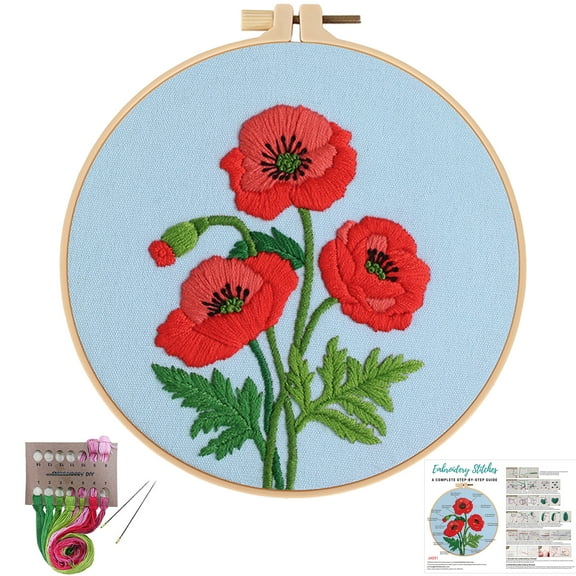 VOCHIC Poppy Flower Embroidery Kits for Beginners,Cross Stitch Kit for Adults,DIY Needlepoint Kits for Starters Including Embroidery Cloth Floral Pattern and Instructions