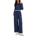 thumbnail image 2 of ATHLECHIC Two Piece Sets for Women Ribbed Knit Tracksuit Half Button Cropped Hoodie Wide Leg Pants Casual Lounge Sets L Navy Blue, 2 of 4