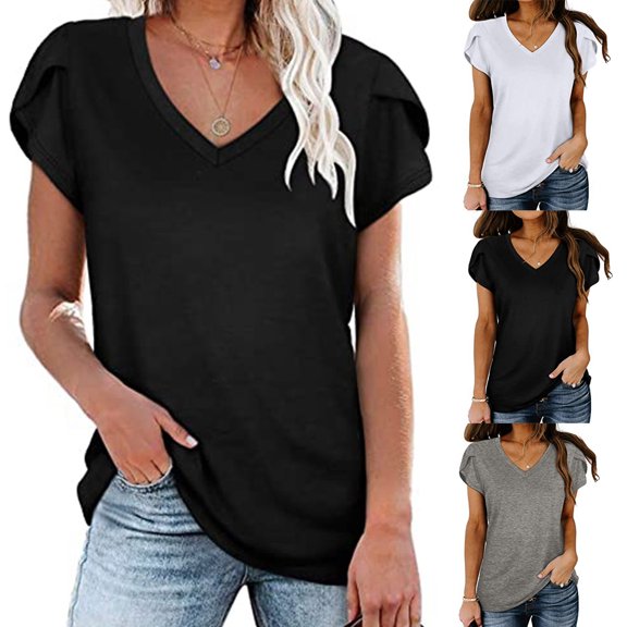 Mittory Womens Tops V Neck Summer Petal Sleeve Casual Tshirts Loose Fit Comfy Short Sleeve