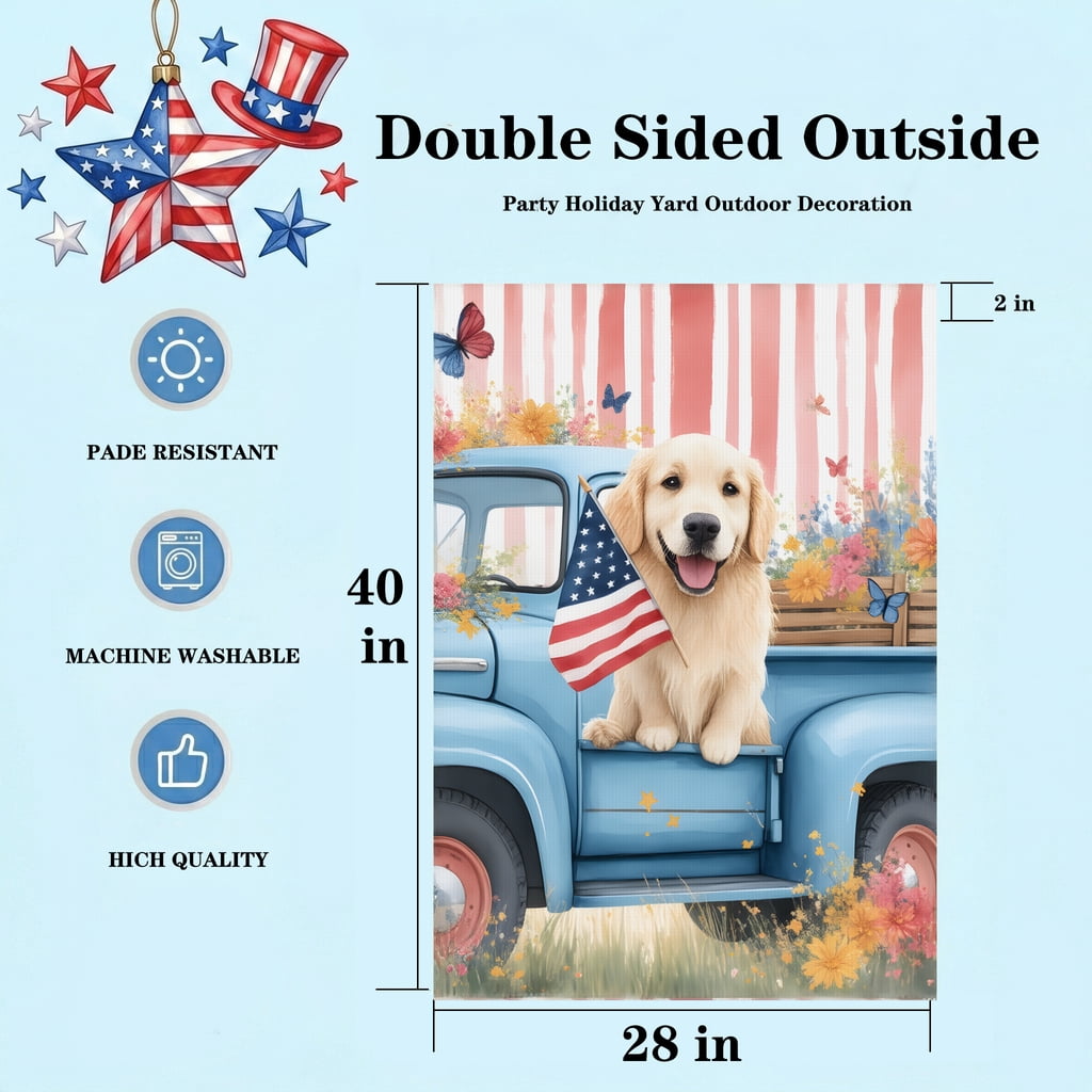 USA 250th Anniversary Garden Flag Spring House Flags 28x40 Double Sided 4th Of July Decorations with Dog Sitting in Blue Truck Holding American Flag