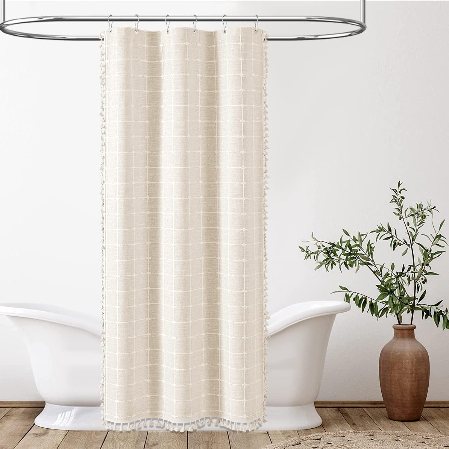 Boho Farmhouse Shower Curtain Set with Tassel - Linen Rustic Heavy Duty Fabric, Water Repellent, Modern Bohemian French Country Thick Bathroom Shower Curtains - Cream/Beige, 72x72