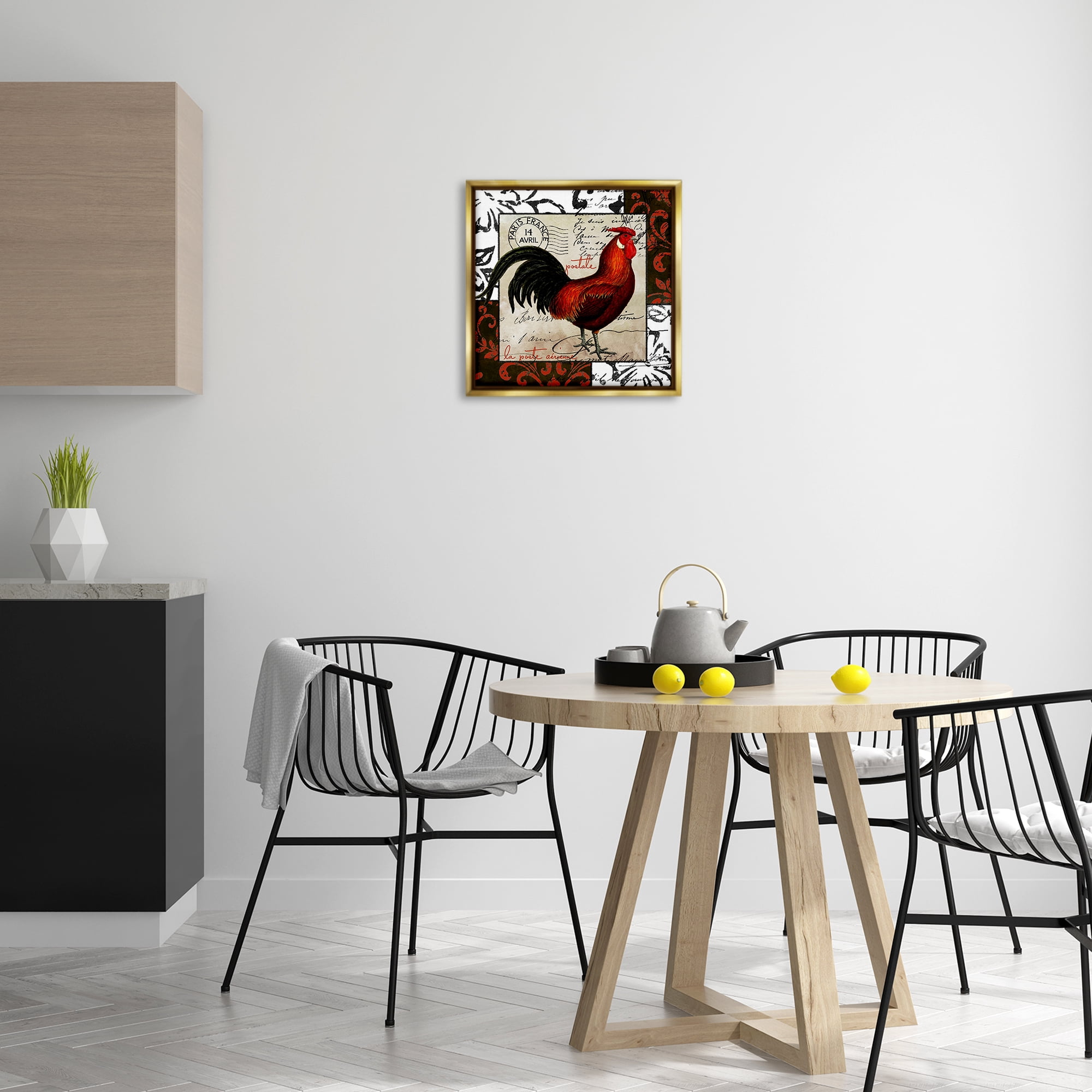 Stupell Industries Rooster & Vintage Post Animals Painting Gold Floater Framed Canvas Art Print Wall Art, 18 x 18