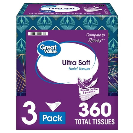 Great Value Ultra Soft Facial Tissues, 3 Flat Boxes (360 Total Tissues)
