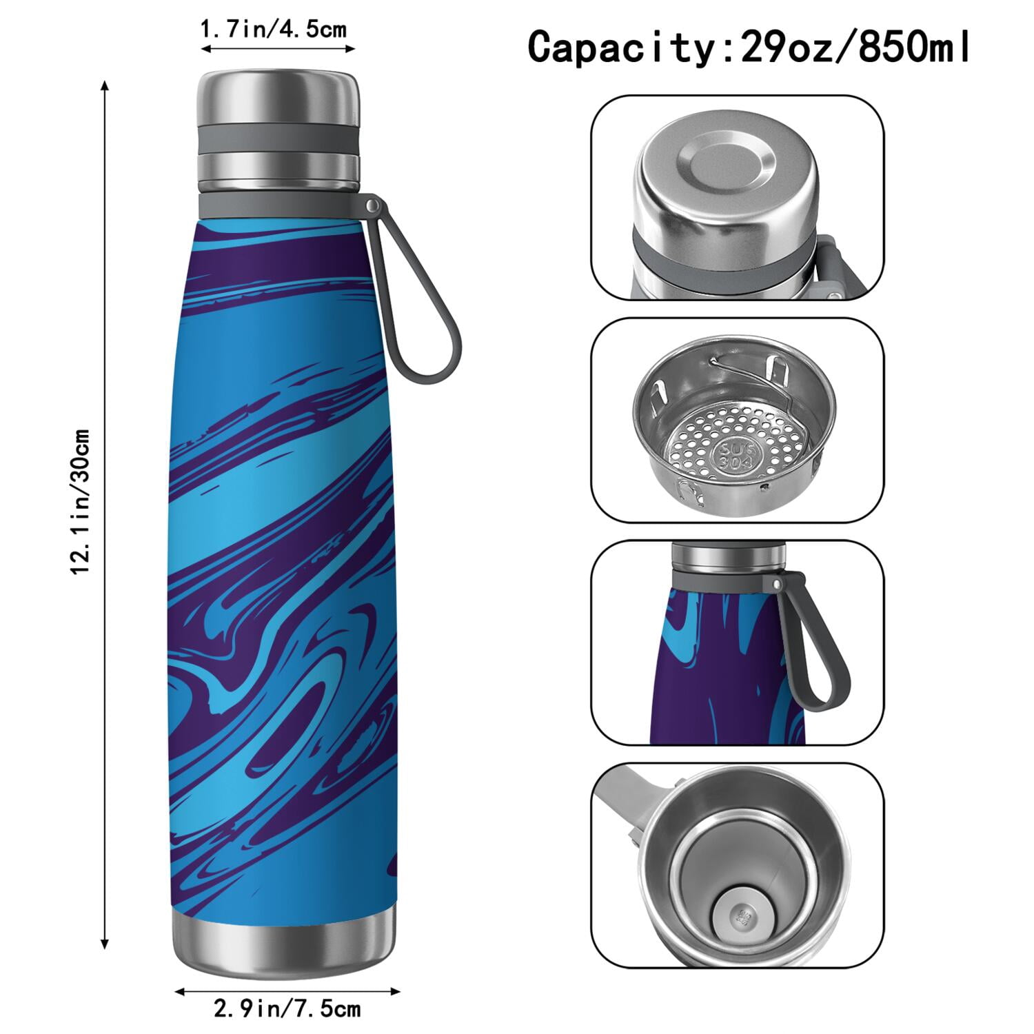 29oz Insulated Water Bottle with Tea Infuser, Stainless Steel Travel Mug, Liquid & Marble Print