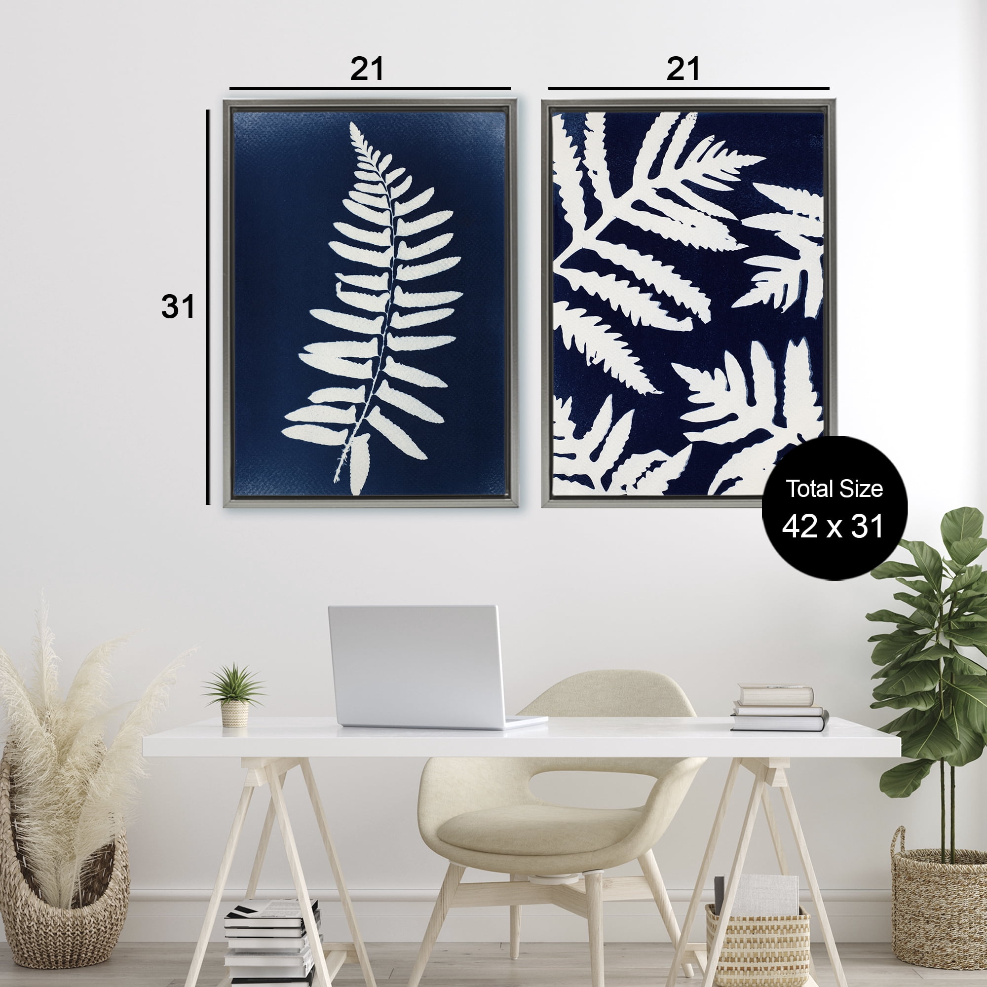 Stupell Industries Fern Leaves on Indigo 2 Piece Gray Framed Floater Canvas Set, design by Lynn Byrd