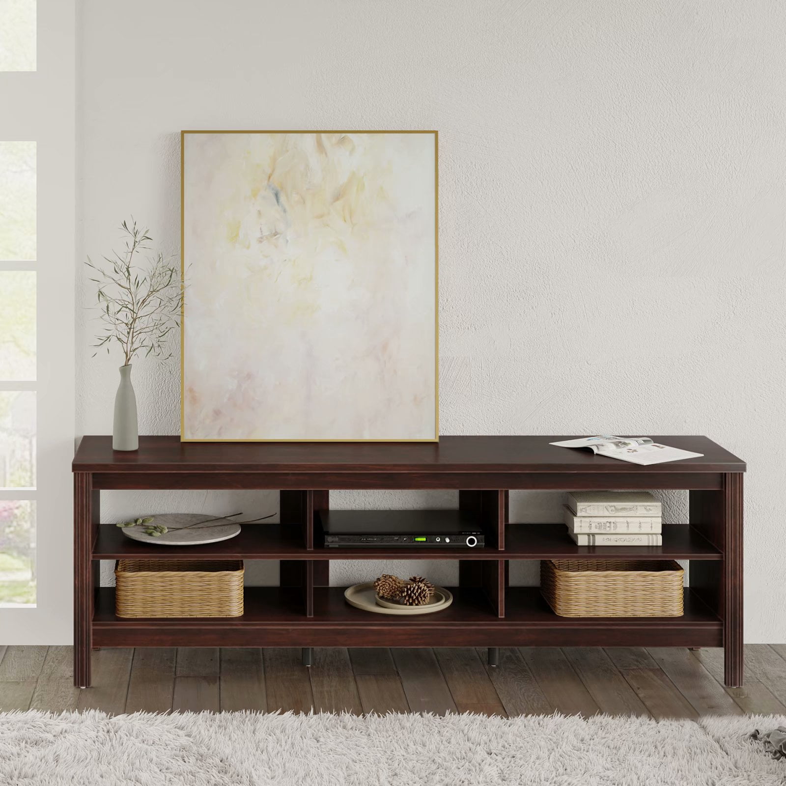 Wampat Farmhouse TV Stands for 75 inch Flat Screen Wood Media Console Storage Cabinet Entertainment Center, 70 inch, Brown