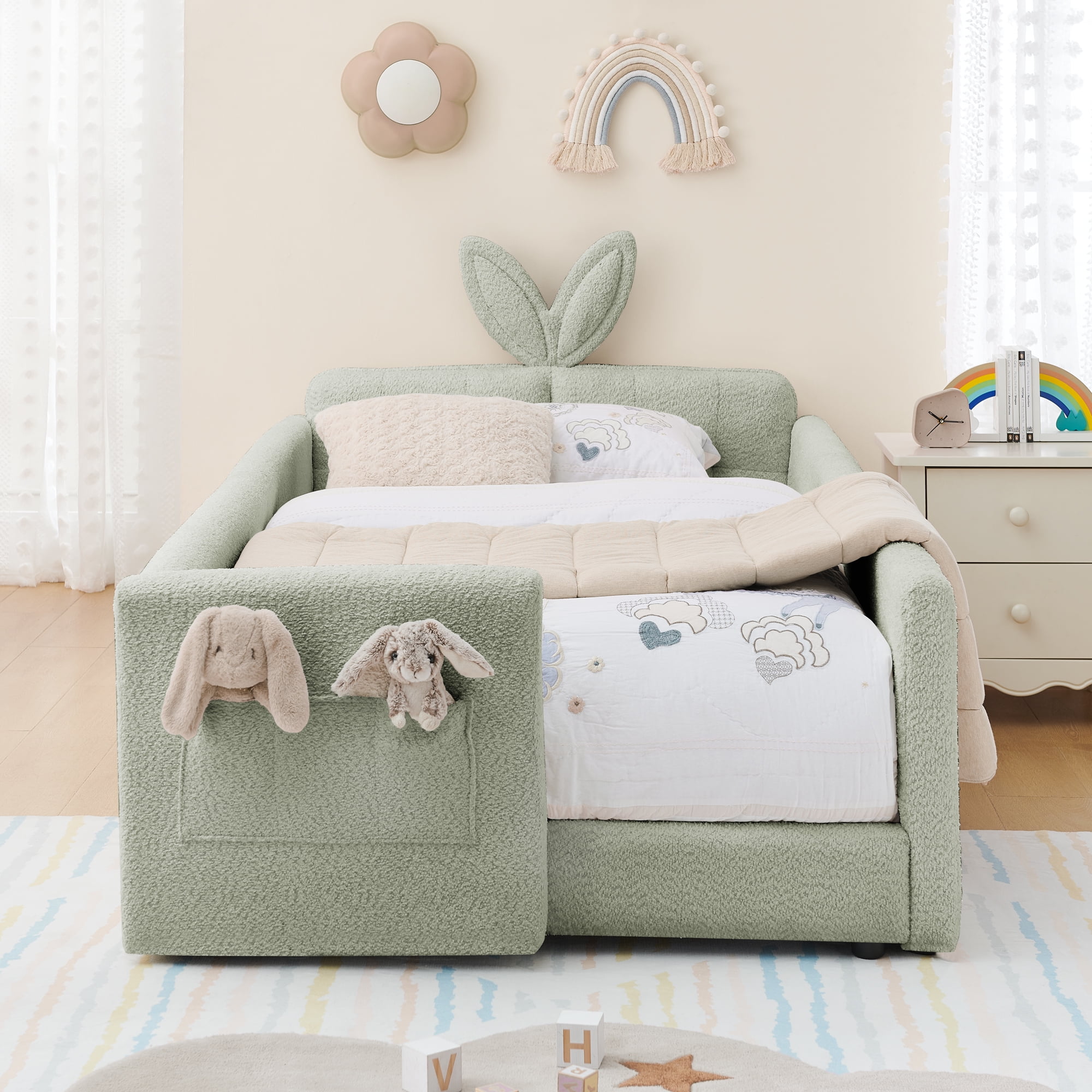 Oufan Twin Size Platform Bed w/ Rabbit Ear Shaped Headboard, Boucle Bed Frame w/ Safety Rail & Wooden Slats Support for Girls, No Box Spring Needed
