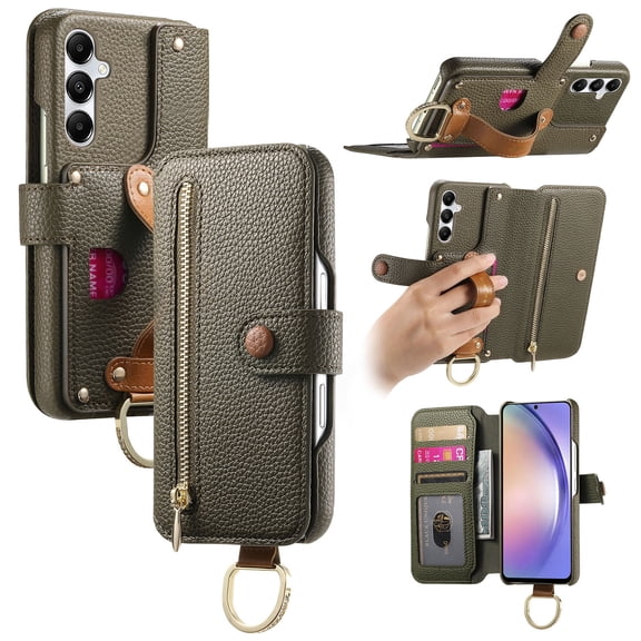 for Samsung Galaxy A26 5G Folio Flip Wallet Case, PU Leather Zipper Pocket Card Slots RFID Blocking Wristband Bracket, with Diamond Finger Ring Full Body Protection for A26 5G - Midnightgreen