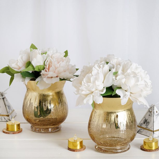Efavormart Pack of 2 6" Tall Handmade Gold Foil Crackle Glass Vases