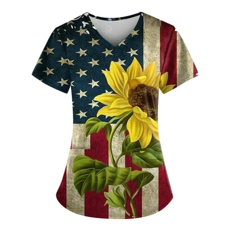 

Sksloeg Scrub Tops for Women Clearance American Flag Star Print Patriotic Top Workwear with Pockets Short Sleeve V-Neck Nursing Working Uniform Yellow XXXXXL