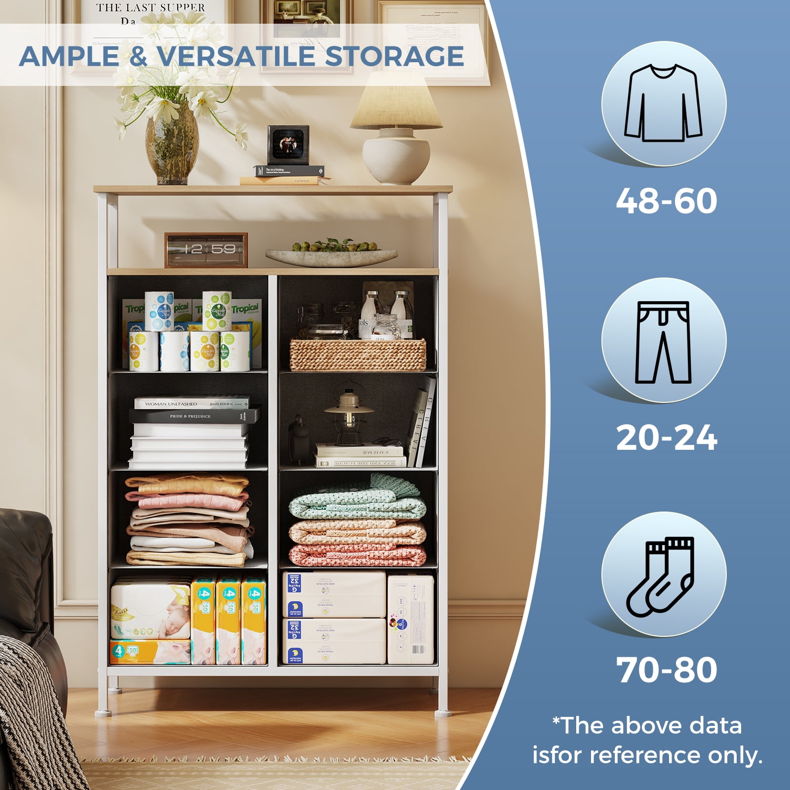 CONCETTA 8-Drawer Fabric Storage Cabinet, Open Shelf, 45.9-inch Tall Organizer for Bedroom Closet Organization, Living Room, Hallway, Light Gray