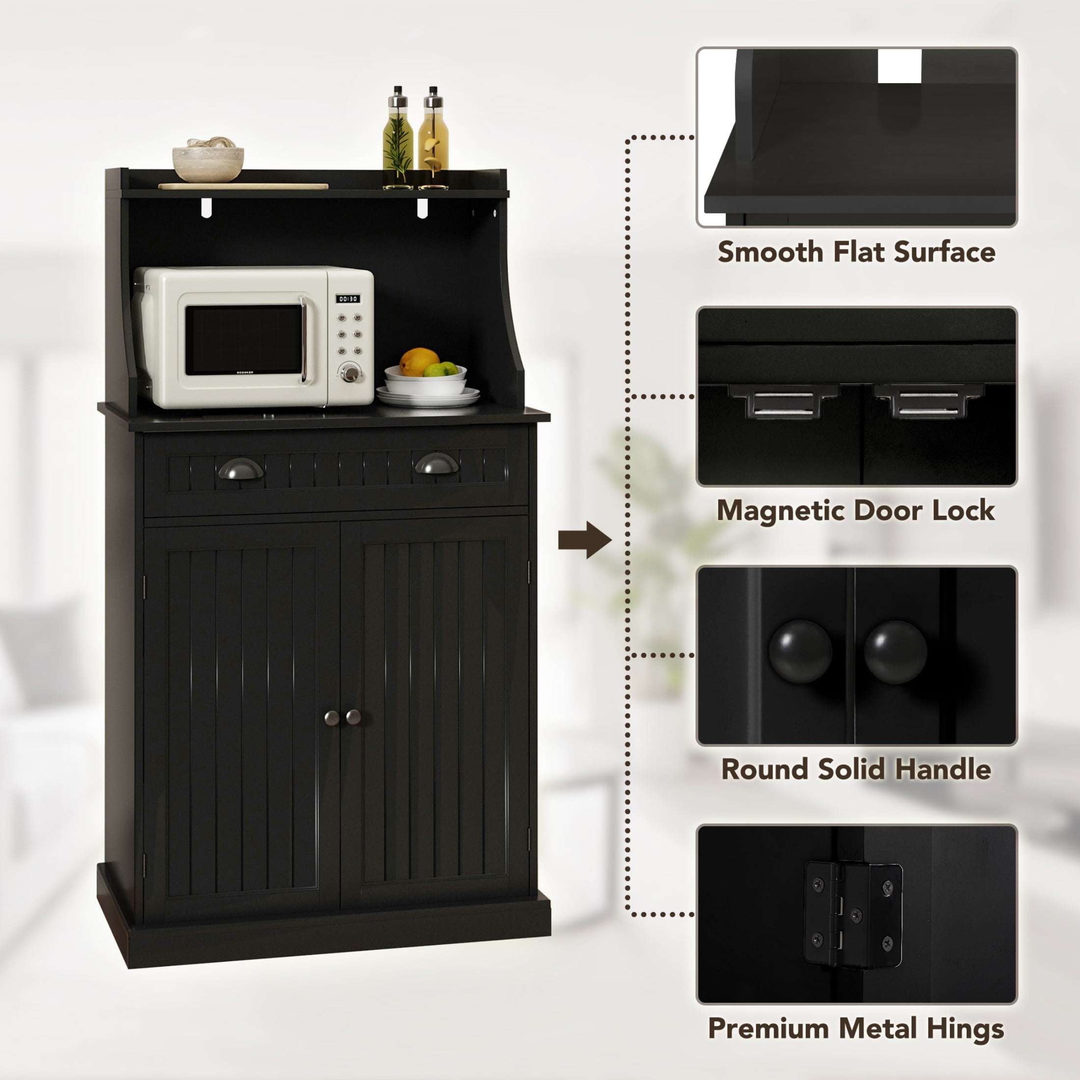 HLR 54" Kitchen Pantry Cabinet with Door & Shelves, Sideboard Buffet Cabinet with Microwave Stand for Dining Room, Black