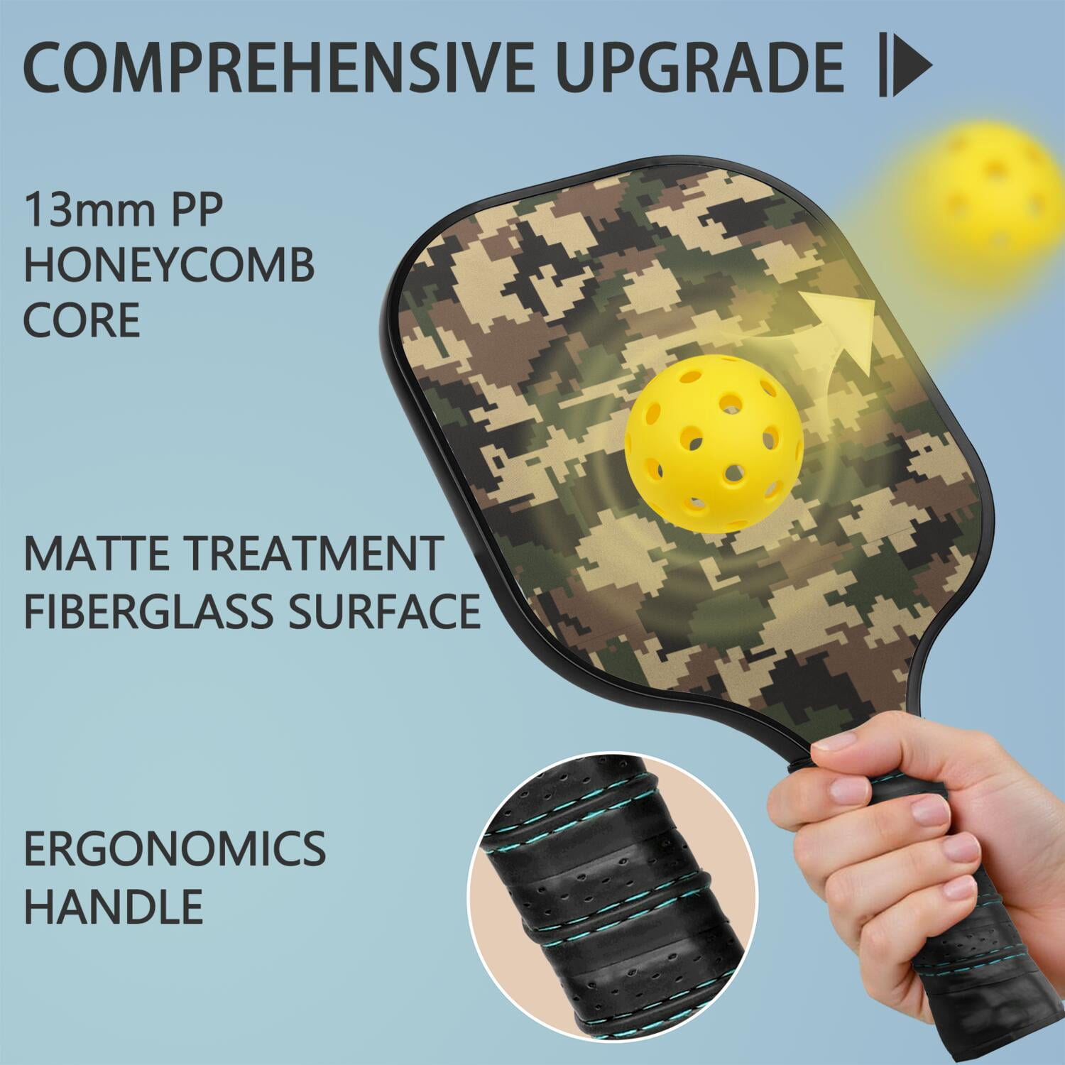 Pickleball Paddles Set Of 1, Fiberglass Surface, Camouflage Print, 1 Paddle, 2 Balls & Bag