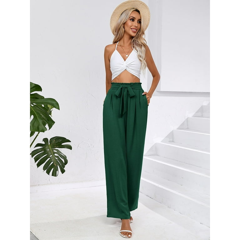 Chiclily Women's Wide Leg Lounge Pants with Pockets Lightweight High  Waisted Adjustable Tie Knot Loose Trousers, US Size Medium in Dark Green
