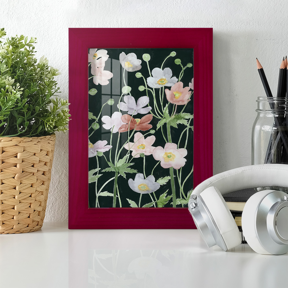 Anemone Dance II -Framed Print w/glass-Cherry Red