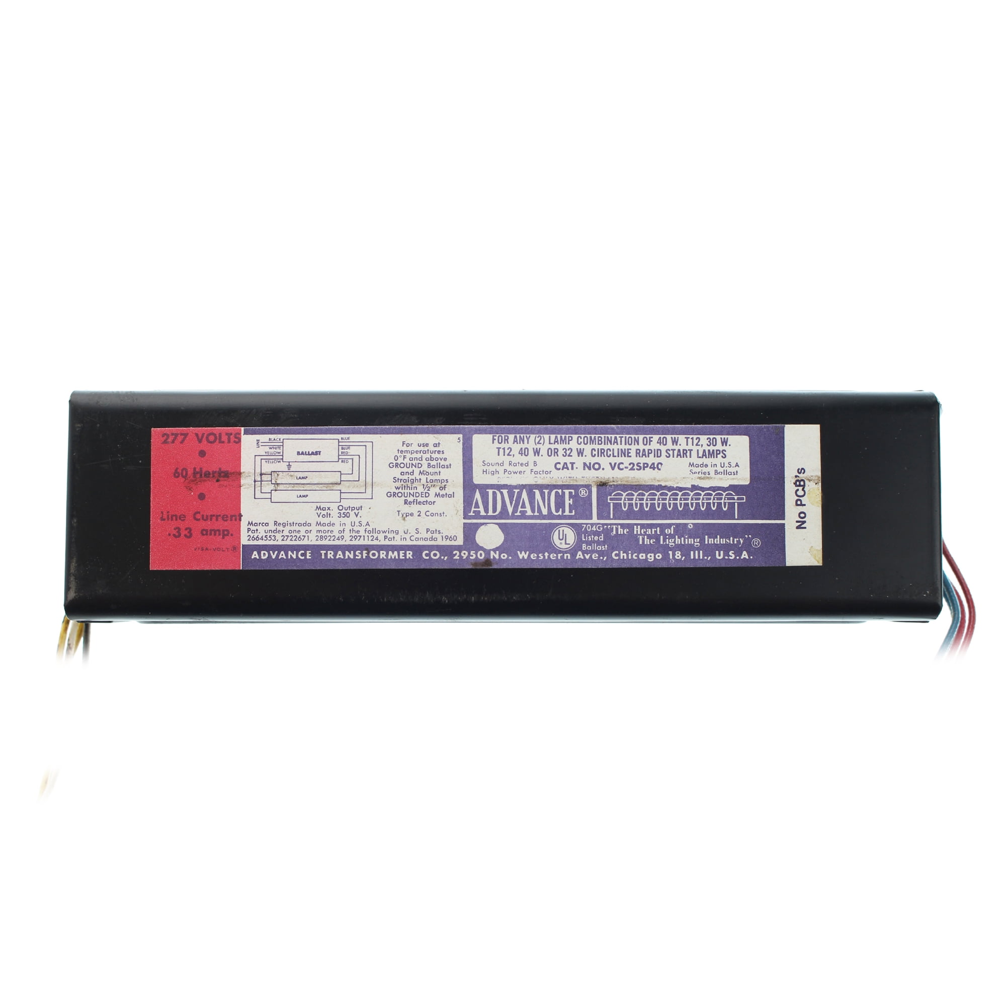 Advance VC2SP40 Ballast, 2Lamp, F40T12, 40W T12, 277V