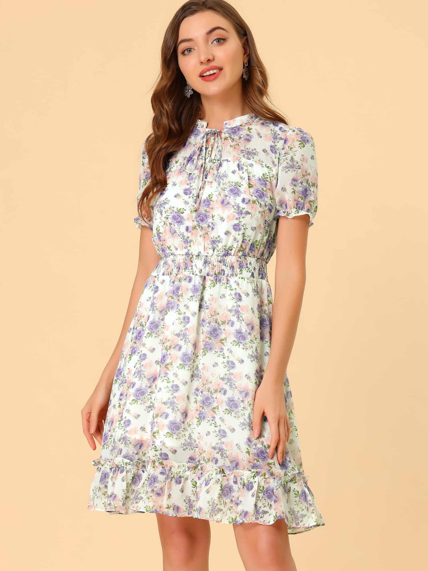 DARING DIVA Floral Ruffle Hem A-Line Smocked Chiffon Dress L White