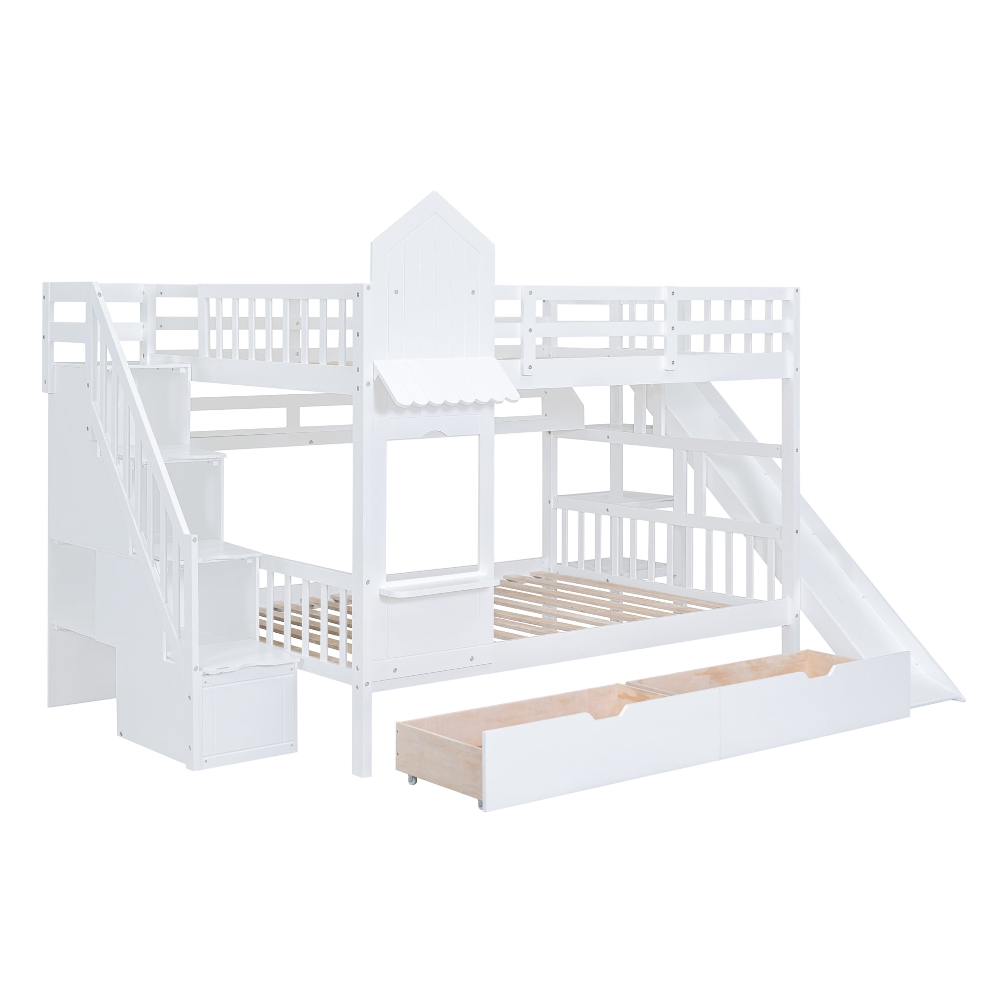 Full over Full Bunk Bed for Kids, Castle Style Bunk Beds with 2 Drawers, Slide and Storage Shelves, Solid Wood Bunk Bed Frame for Kids Girls Boys Teens