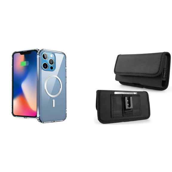 Ultra Clear Case (MagSafe Compatible) and Belt Holster Pouch for Apple iPhone 14 Pro Max - Black