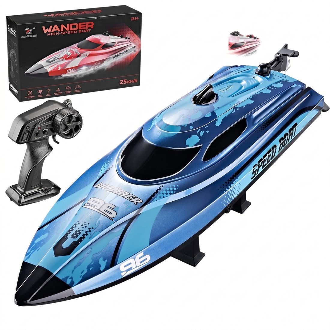 RC Speedboat HJ820 25 km/h Self-Righting LED Boat, Blue, 4 Batteries