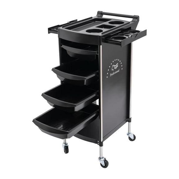 Salon Trolley Cart, 6-Tier Drawer-Type Multi-Functional Salon Trolley, Hairdressing Shelf with Handle and Lockable Rolling Wheels, 4 Drawers and 2 Hair Dryer Holder Side Tray, Black