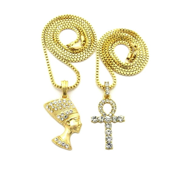 Egyptian Ankh, Nefertiti Pendant 2mm 20,24 Box Chain 2 Necklace Set
