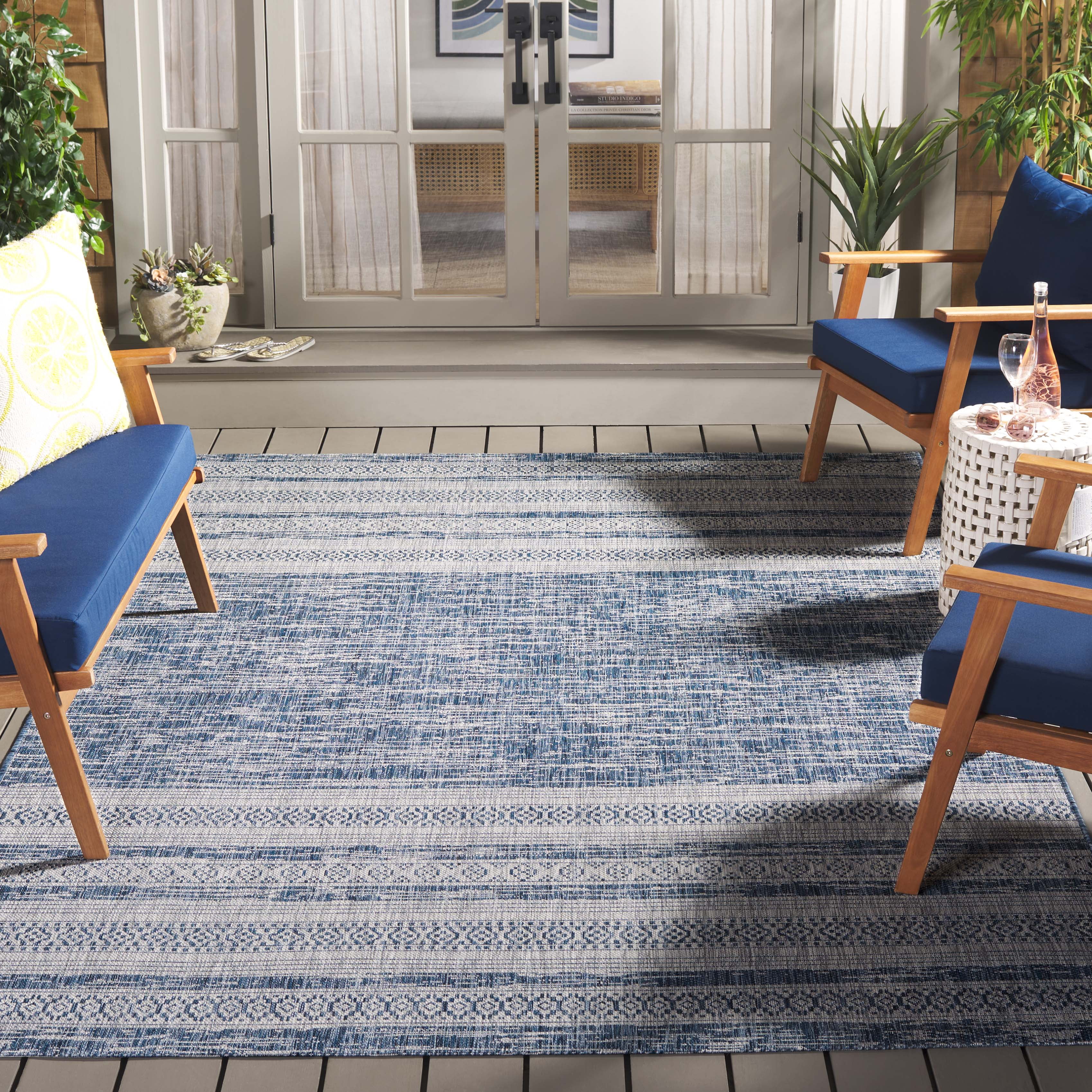 SAFAVIEH Courtyard Galen Striped Indoor/Outdoor Area Rug, Navy/Grey, 8' x 11'