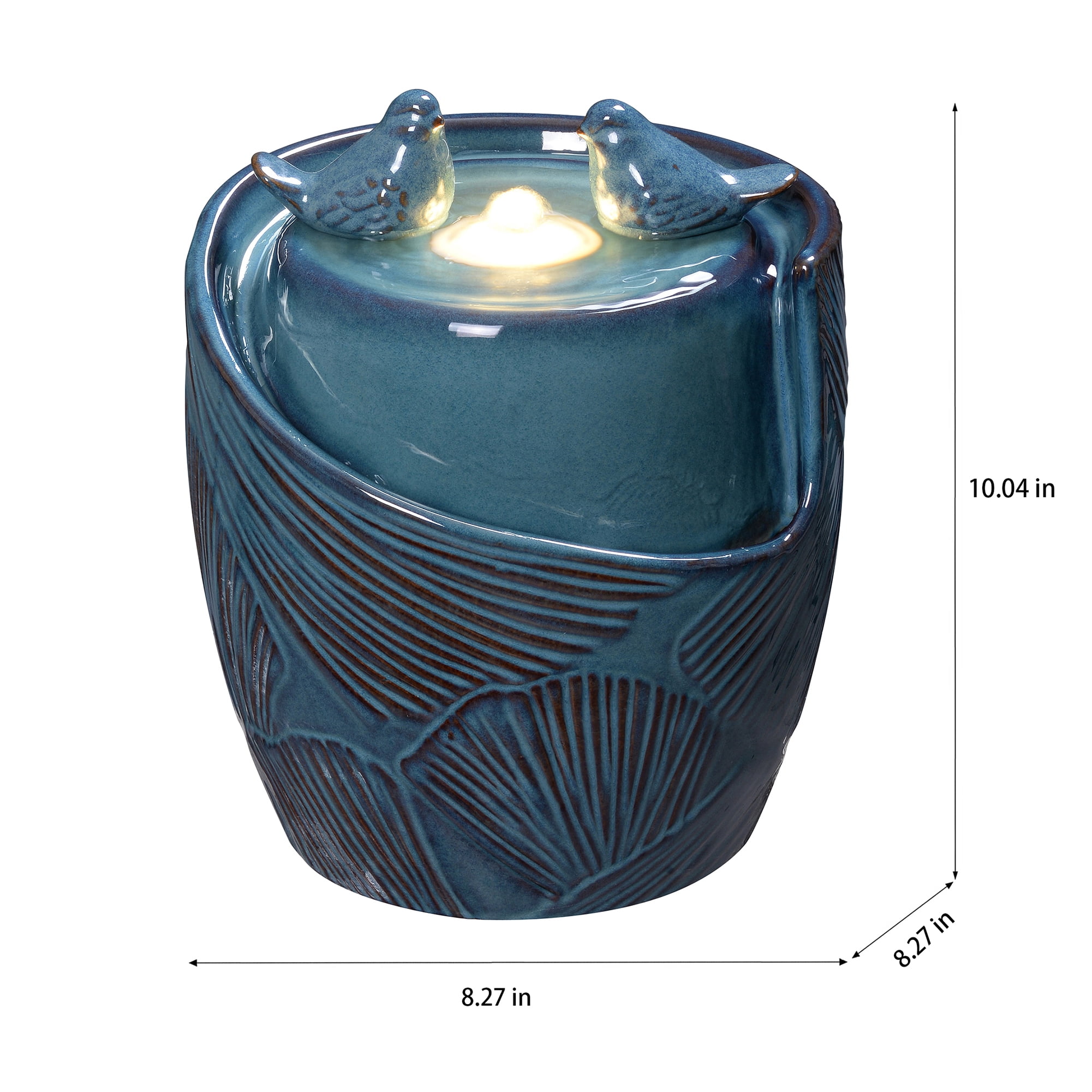 Blue Ceramic Tabletop Double Bird Bubbler Fountain, Decorative Water Fountain with LED Lights and Quiet Pump, Indoor Outdoor Water Feature for Patio, Garden, Deck, Balcony, Office and Home Décor