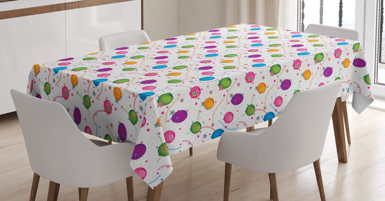 Birthday Tablecloth, Vibrant Colored Flying Balloons with Stars and