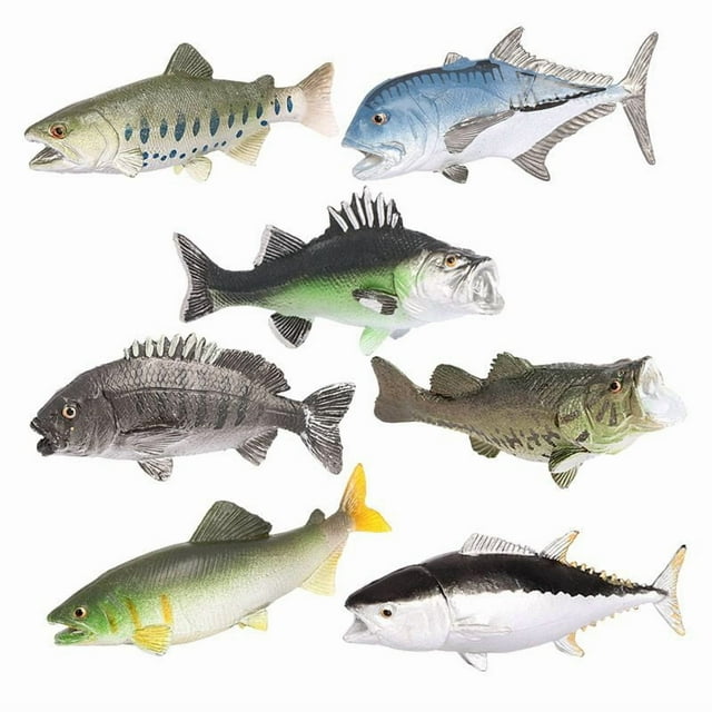 Set de 7 figuras realistas de peces, lubina, trucha, salmón, trucha, PVC