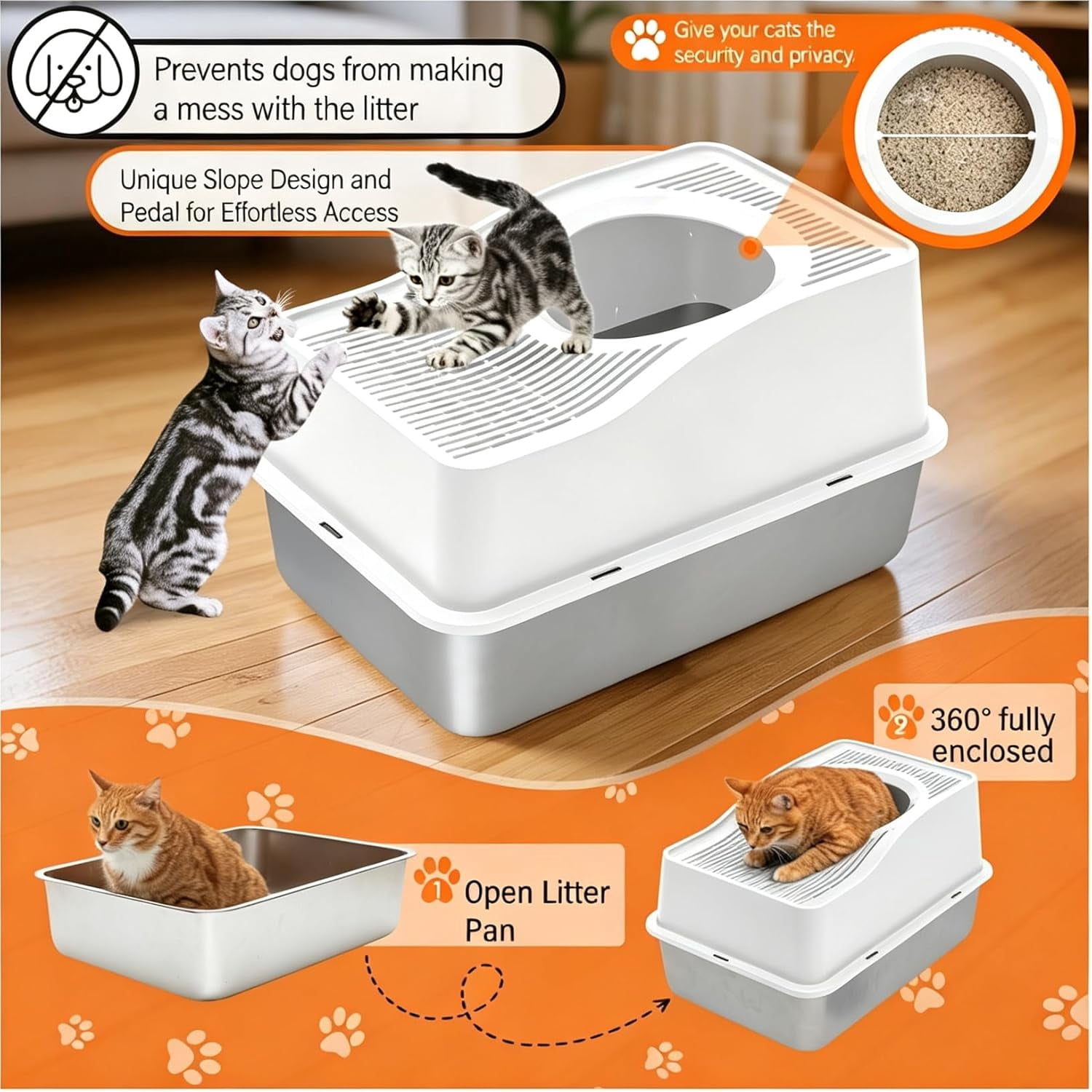 Kettnjoy Top Entry Cat Litter Box with Lid, Stainless Steel XL Enclosed Cat Kitty Litterbox, Extra Large Metal High Side Litter Pan Tray Box Enclosure Easy Cleaning Anti-Leakage, White
