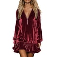 thumbnail image 2 of LEKWK Velvet Dress for Women Long Sleeve V-Neck Quarter Zip Mini Dresses with Ruffle Hem Flowy Relaxed Fit Fall Elegant Partywear Wine L, 2 of 9