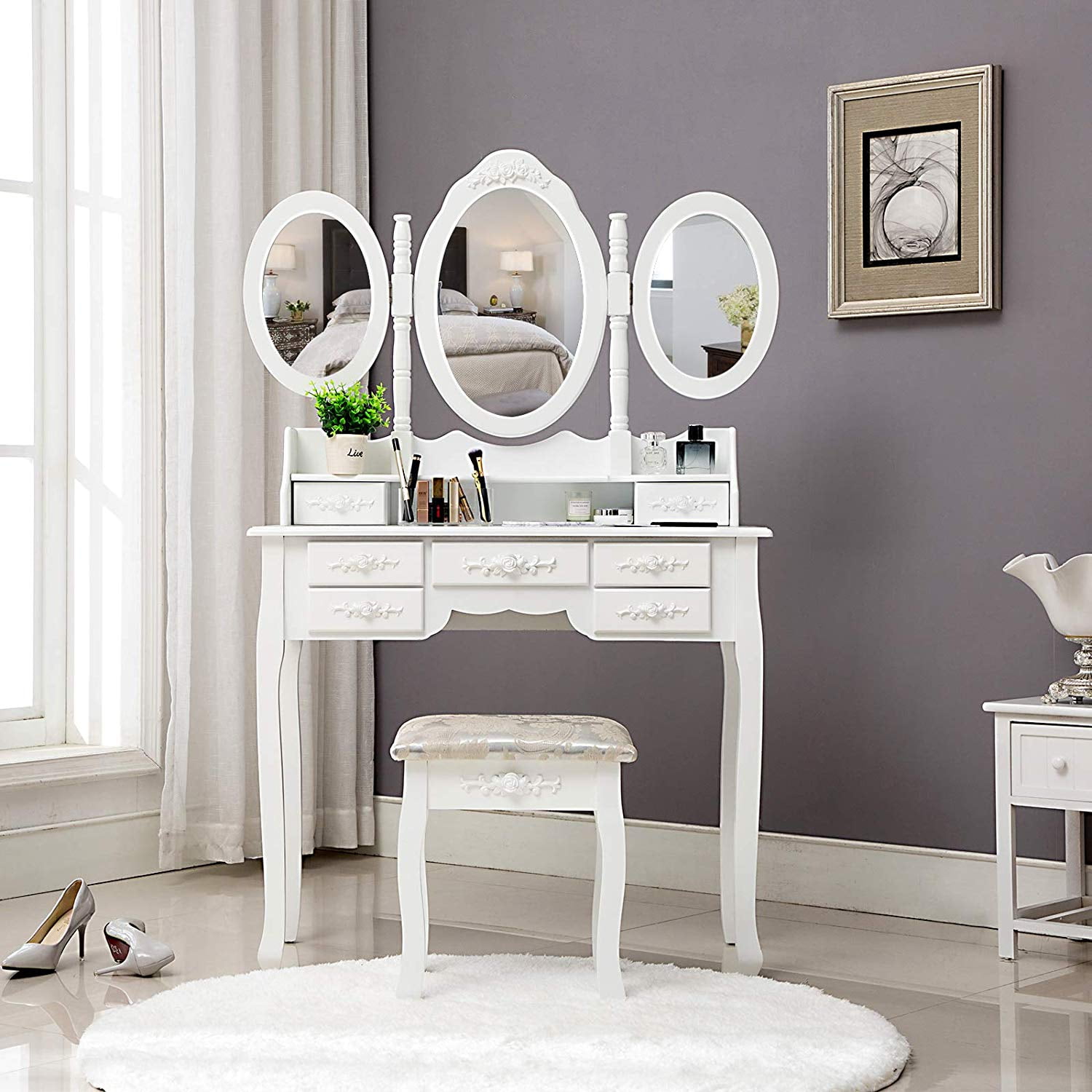 New Vanity Black Dressing Table Makeup Mirror & Rose Stool Set Dresser 7 Drawers