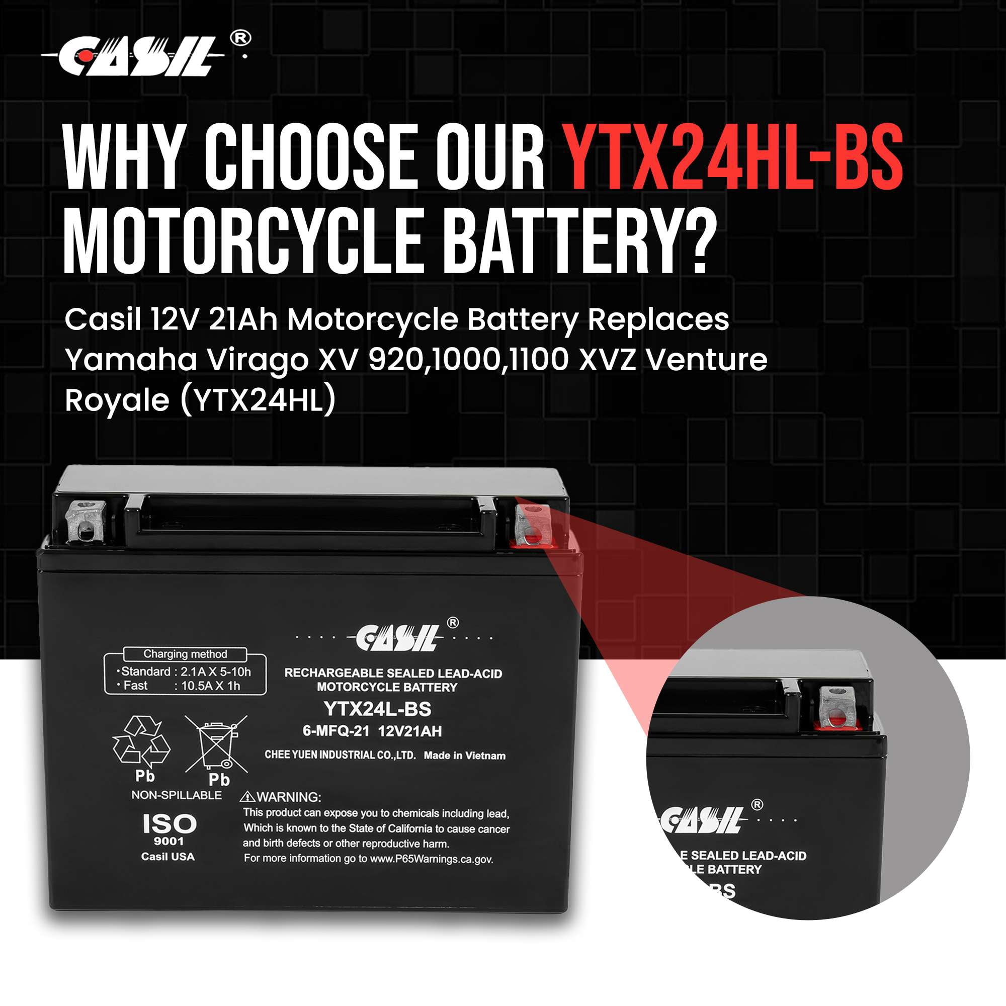 Casil YTX24HL-BS Motorcycle Battery 12v 21ah Power Sports Battery Replaces Yamaha Virago XV 92010001100 XVZ Venture Royale