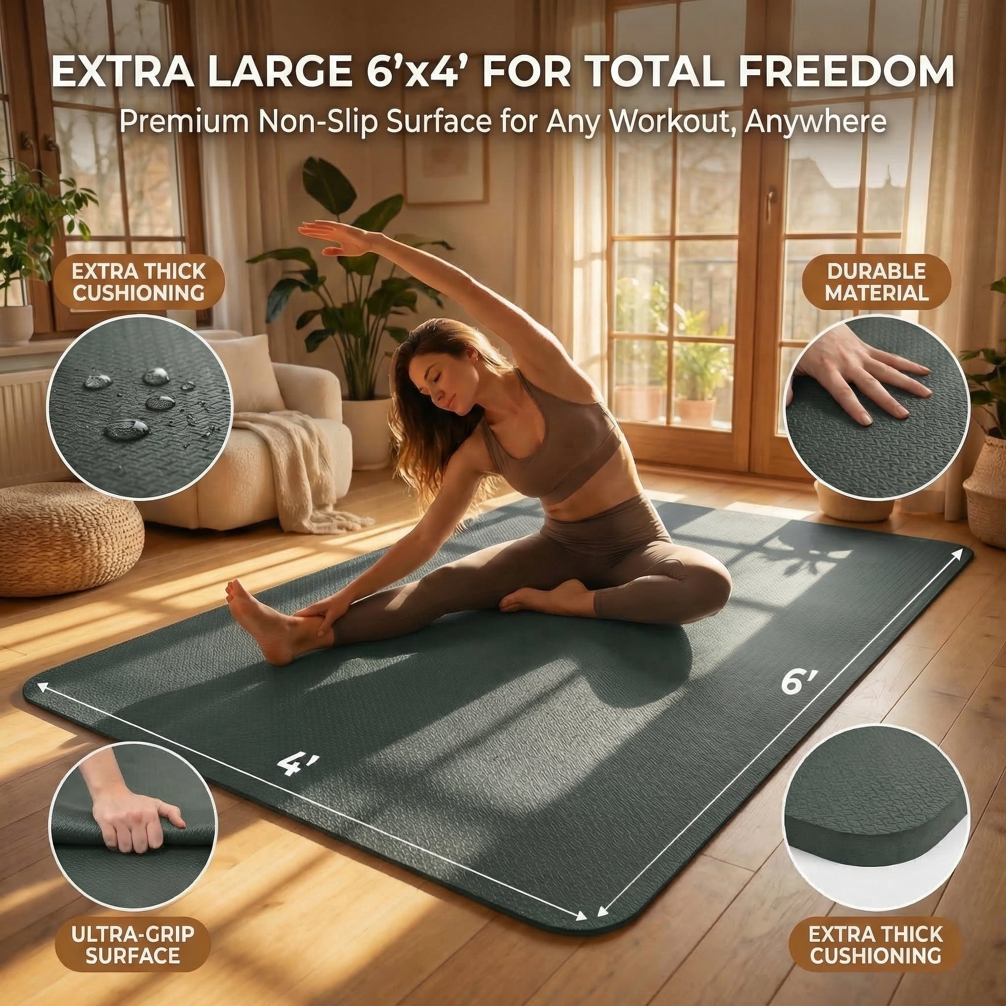 FrenzyBird Large Yoga Mat, 6'x4'(72"x48") 183x122cm, 6mm thick TPE non-slip extra wide exercise mat. Ideal for home yoga, Pilates, gym & floor workouts, suitable for women and men (Dark Green)