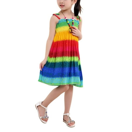 

Clearance Girls Bohemian Dresses Floral Sleeveless Rainbow Beach Sundress with Necklace 2-10T Multicolor Ruched Chest A-line Girls Beach Skirt Summer Casual Sling Loose Casual Beach Swing Mini Dresses