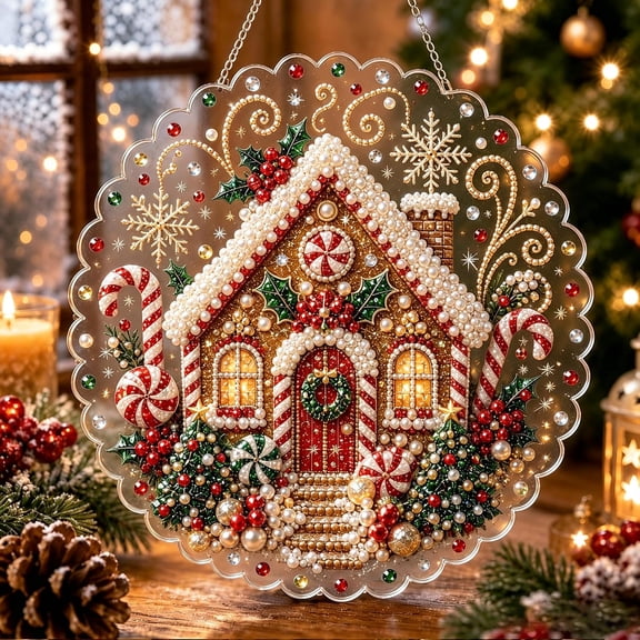 New Christmas Pearl Diamond Painting Suncatcher Kit, Acrylic DIY Diamond and Pearl Art Painting, Christmas Diamond Painting Hanging Pendant, 3D Mixed-Sized Pearl Beads Craft