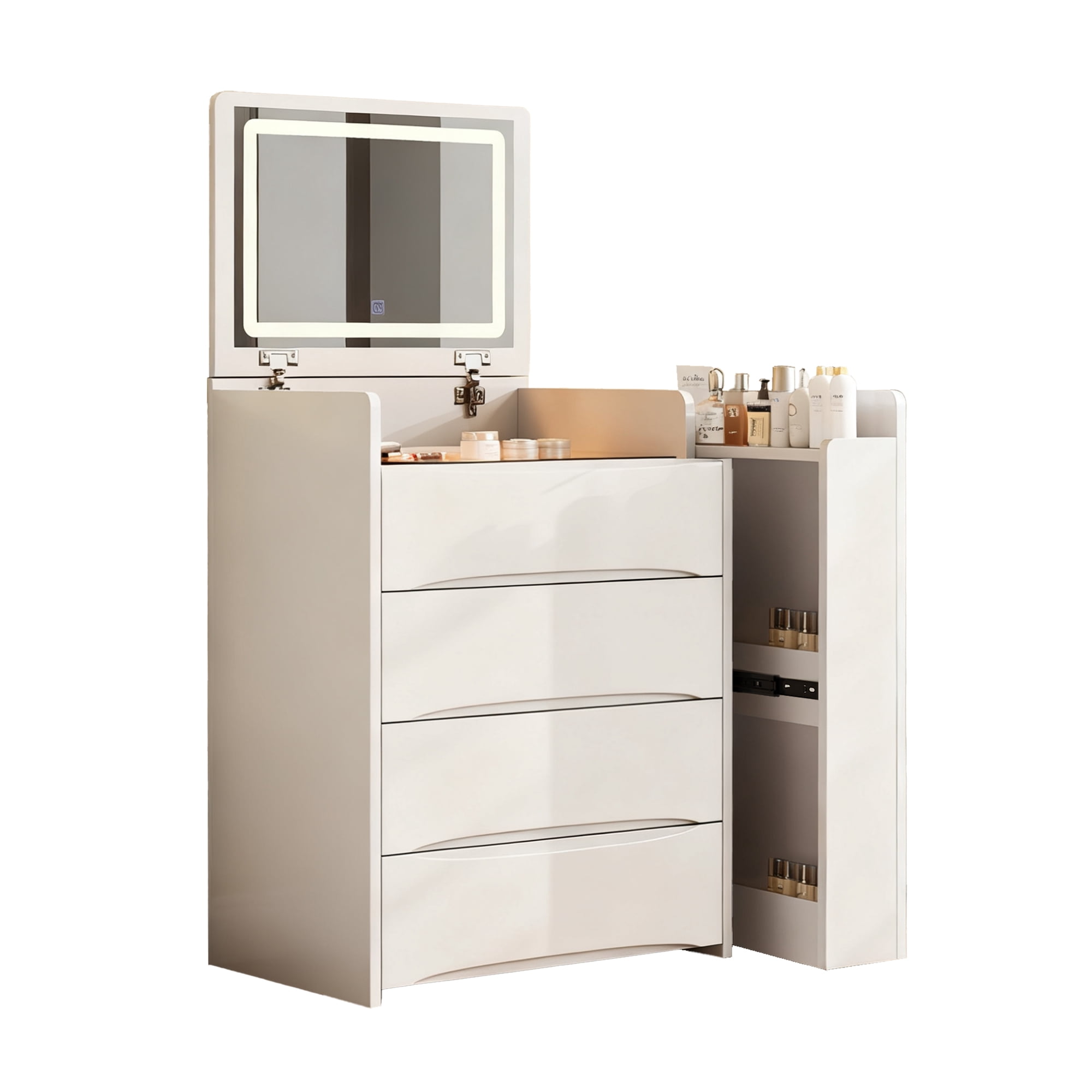 3-in-1 Flip Mirror Vanity Desk with Lights & Storage, Makeup Dressing Table with Adjustable LED, Side Sliding Tray and Stool, Space-Saving Furniture for Bedroom(White)
