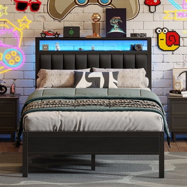 Satifur Queen LED Bed Frame with Smart RGB Lights, Headboard Charging Station, Versatile Storage Solution, Comfortable Upholstered Backrest, No Box Spring Needed