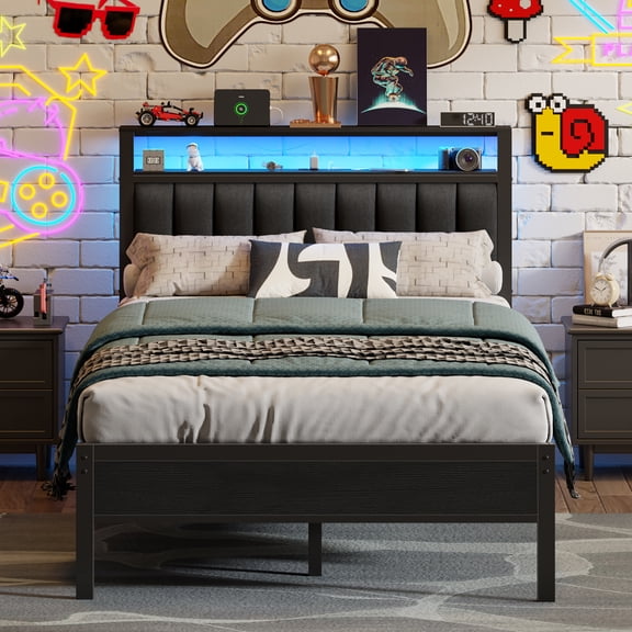 Satifur Queen LED Bed Frame with Smart RGB Lights, Headboard Charging Station, Versatile Storage Solution, Comfortable Upholstered Backrest, No Box Spring Needed