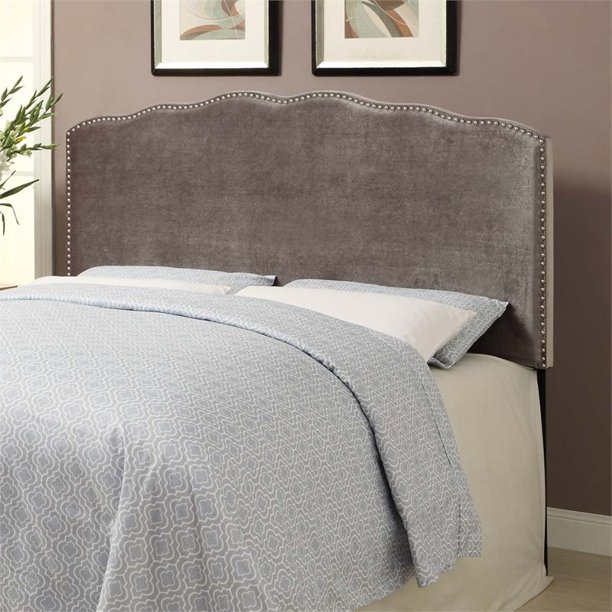 PRI Nailhead Velvet Upholstered King Headboard in Silver