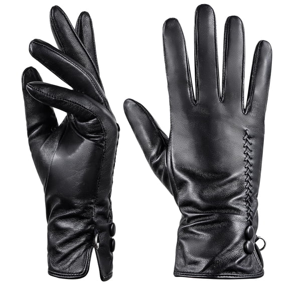 AEGEND Women's Sheepskin Leather Gloves, Wool-Lined Thermal Winter Gloves, Touchscreen Compatible Driving Gloves, Adjustable Wrist Strap, Black - Size M