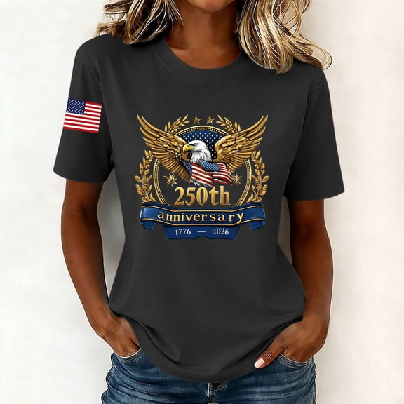 LEKWK 50Th Anniversary Shirt USA Patriotic Eagled-Graphic Short Sleeve Crewneck Tops Vintage 250Th Anniversary Wreath Print Tees Lightweight Casual Shirts for Holiday Parade Black L