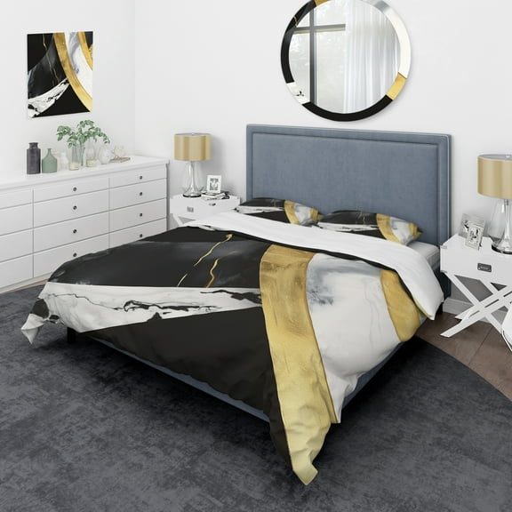 Designart "Harmony of Marble Black and Gold IV" Abstract Marble Bedding Covert Set - Modern Black Abstract Bed Set With 2 Shams