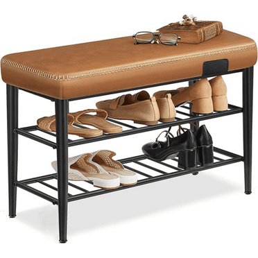Shoe Bench, Storage Bench, Shoe Rack Bench Entryway, Synthetic Leather with Stitching, Mid-Century Modern, Loads 300 lb, 11.8 x 31.5 x 19.7 Inches, Caramel Brown